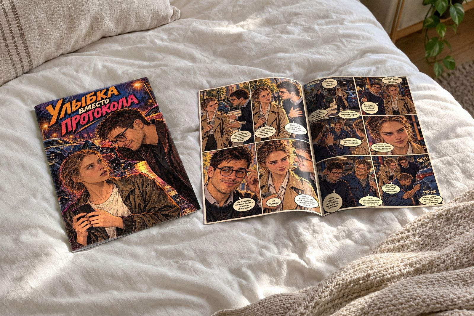 The printed comic “A Smile Instead of a Police Report” on a bed