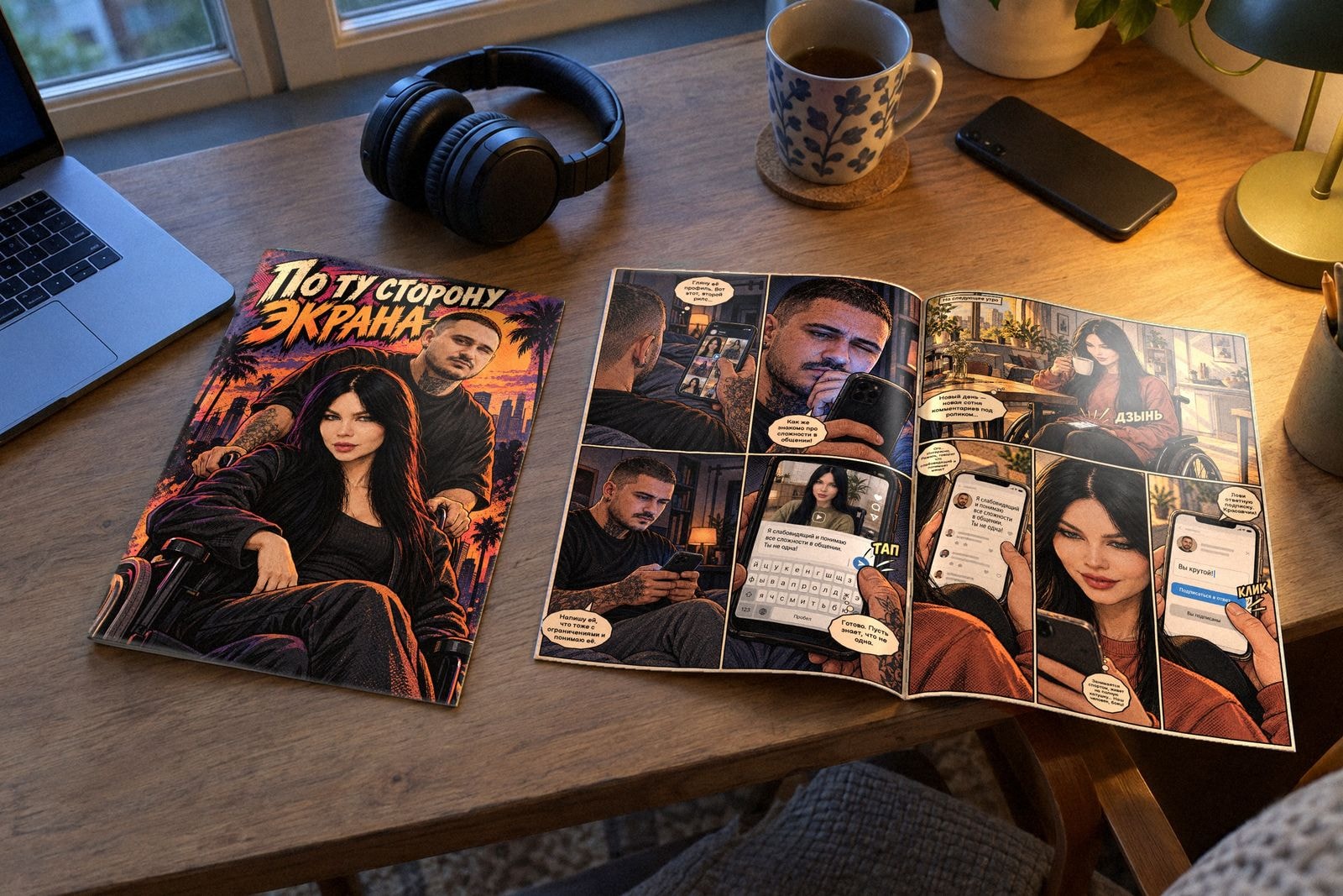 The printed comic “The Other Side of the Screen” on a desk