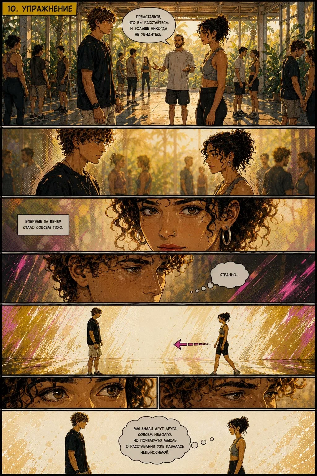 A page from an issue: a couple at a workshop, chapter “The Exercise”