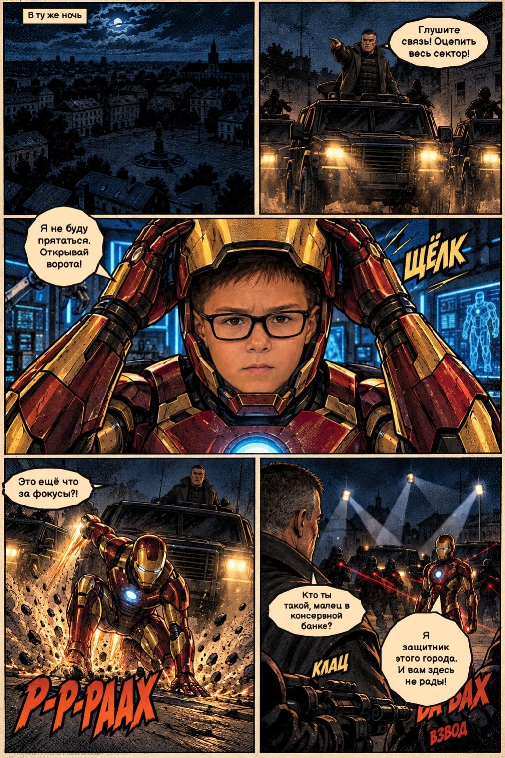 A page from the issue about a son: a boy in an armour helmet